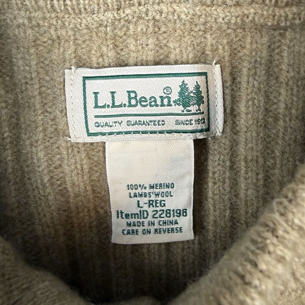 L.L.Bean 100% Merino Wool Rib Knit Henley Sweater Elbow Patch Tan Men’s L - Picture 5 of 9
